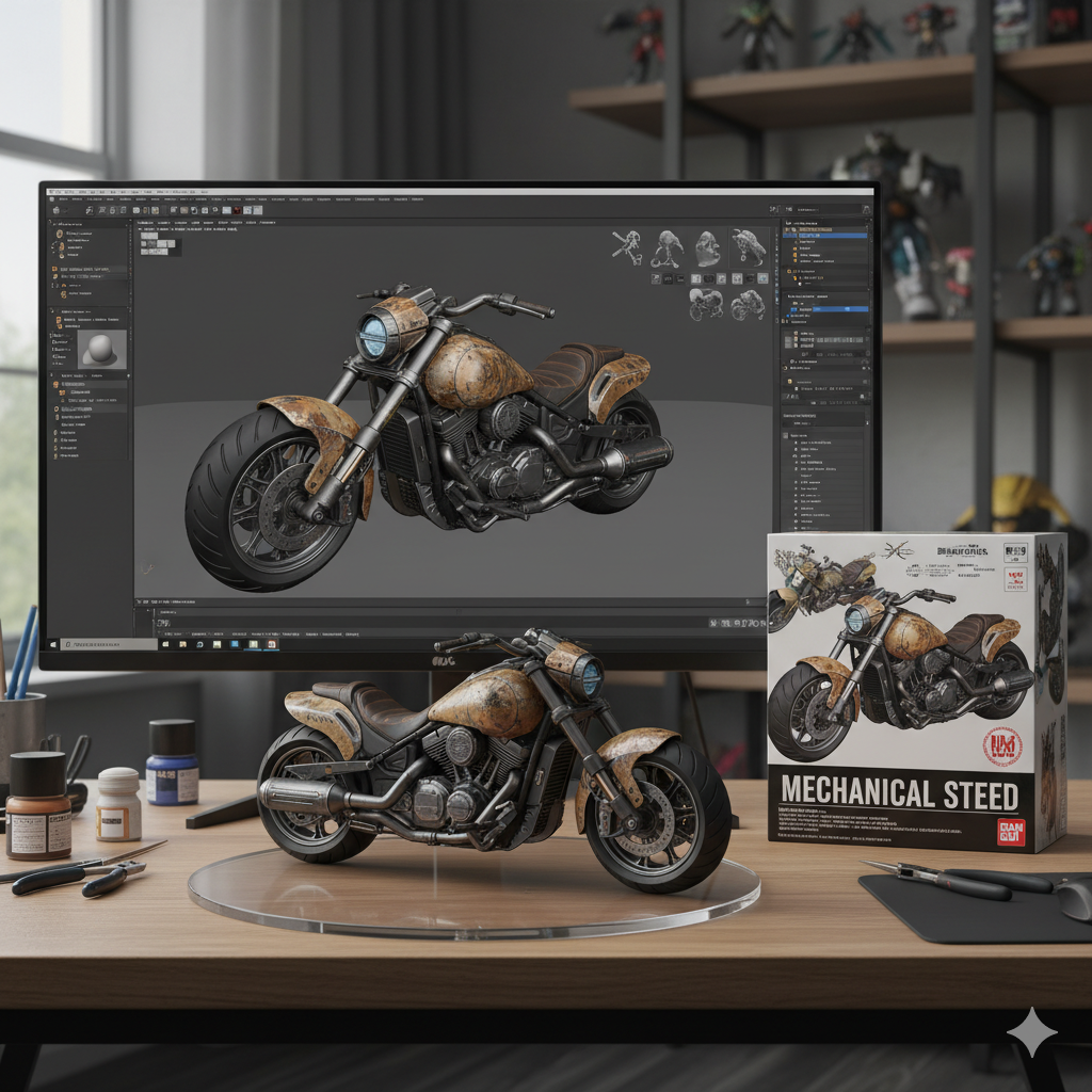 Prompt AI membuat foto 3D Patung Sepeda Motor ala Bandai Kit